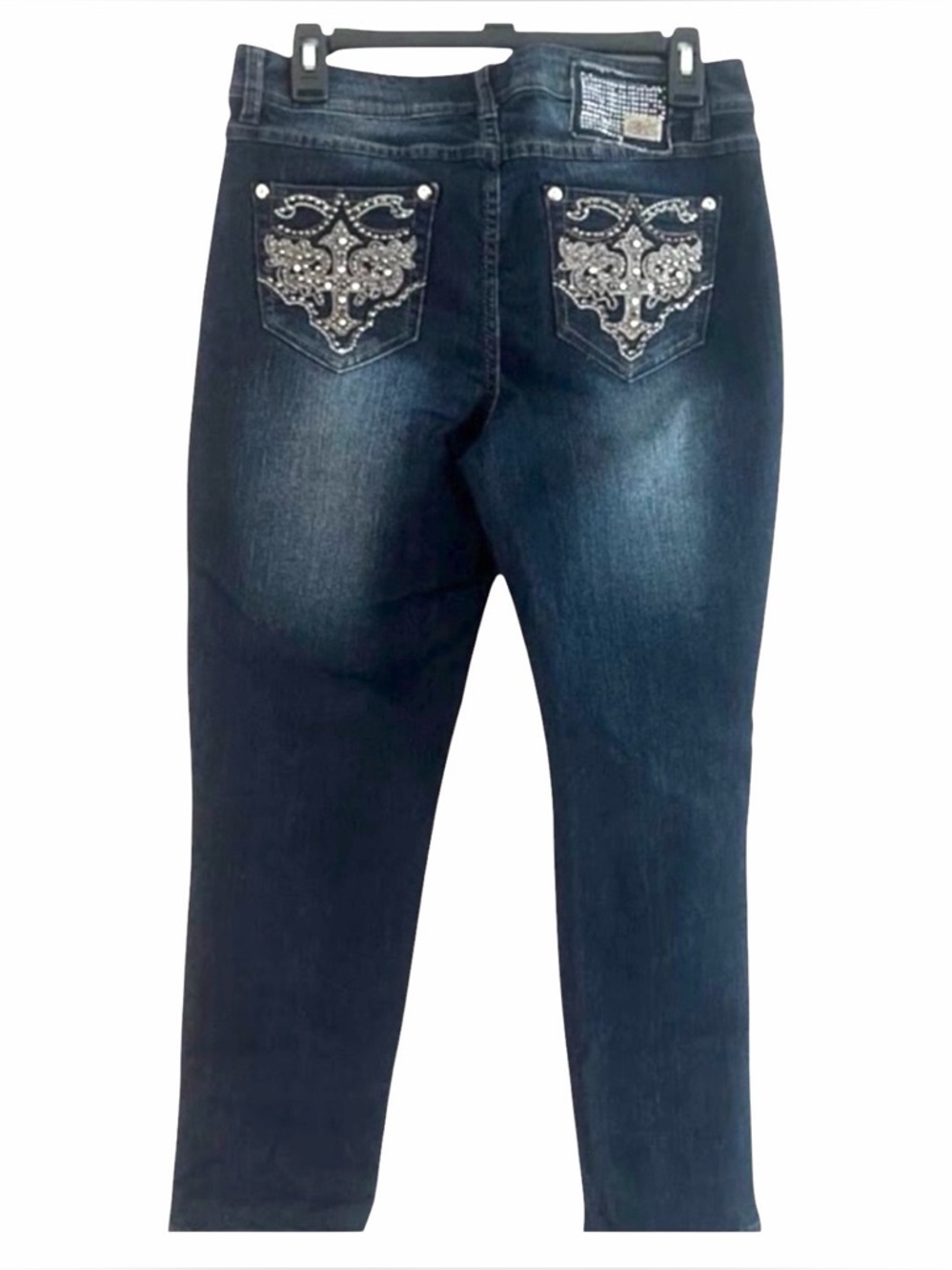 One Zone Rhinestone Cross Bootcut Jeans Size 8 Bling Back Pocket Dark Wash